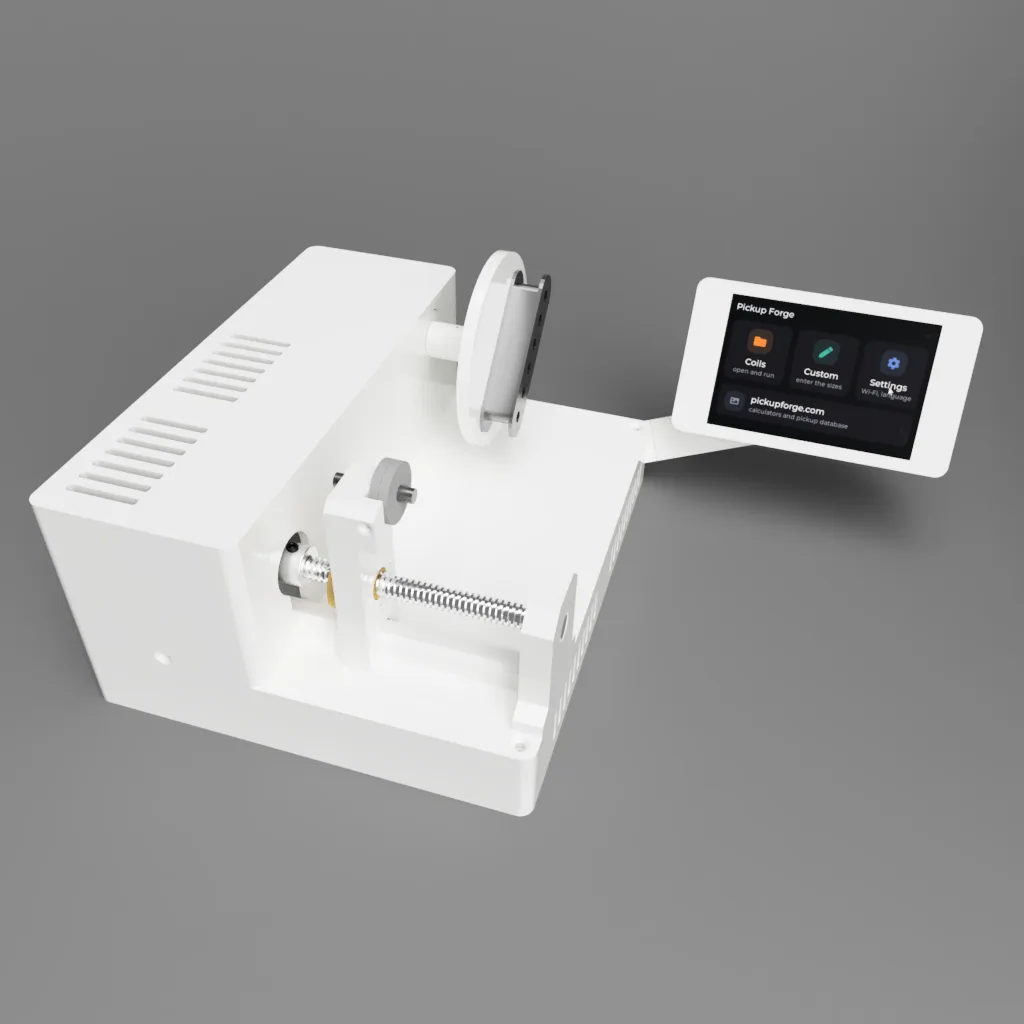 The PickupForge W1 winder seen from three quarters, with its touchscreen on the side